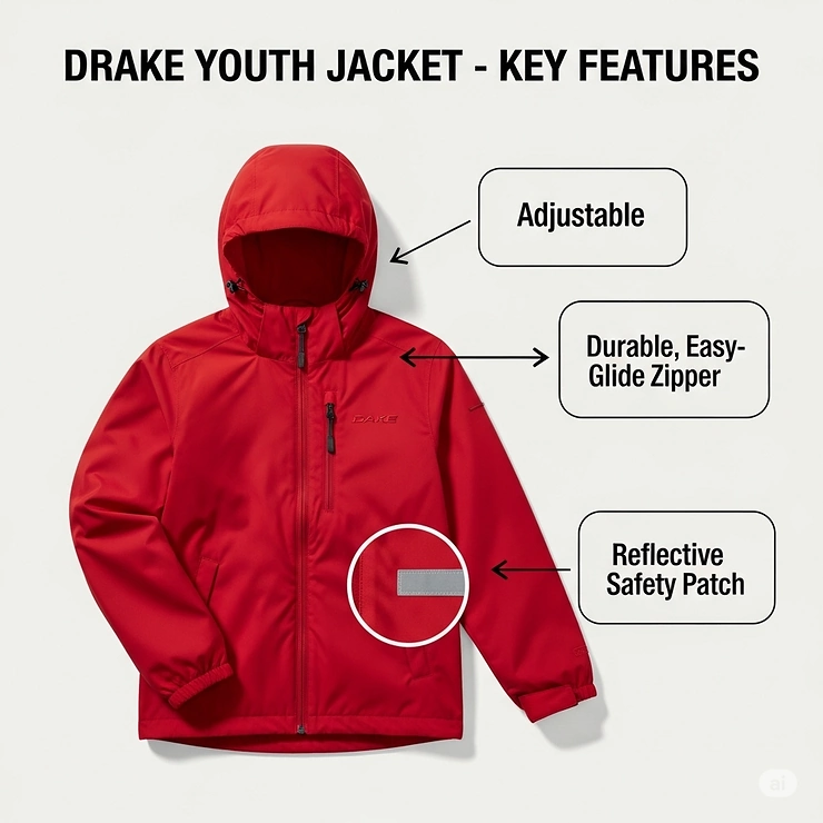 A graphic highlighting the key features of the popular Drake youth jacket, including its durable fabric and design.