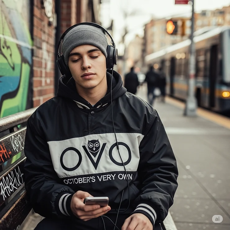 A lifestyle photo of a young fan wearing the Drake youth jacket, perfect for urban and casual settings.