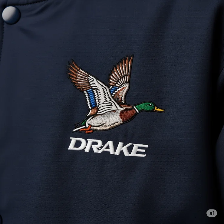 A close-up view of the branded logo on a stylish Drake youth jacket, showcasing the design details.