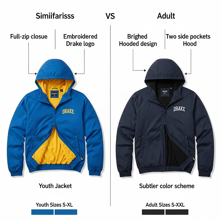 A comparison graphic between the Drake youth jacket and the adult version, showcasing the design specifically for young people.