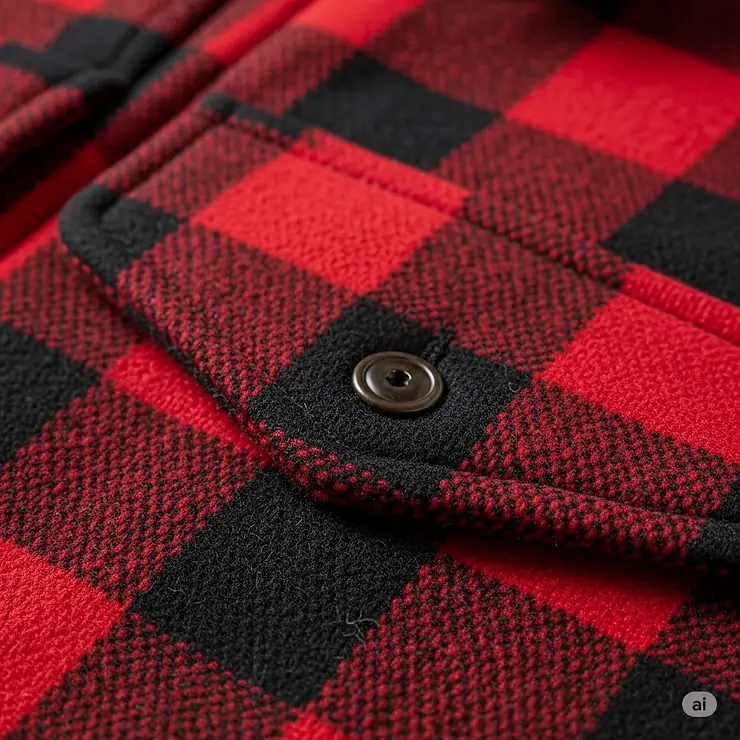 Close-up of a classic buffalo check flannel jacket, highlighting the soft texture and traditional pattern.