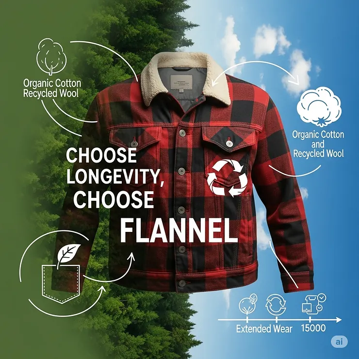 Graphic representing a flannel jacket as a sustainable fashion choice, emphasizing its longevity and eco-friendliness.