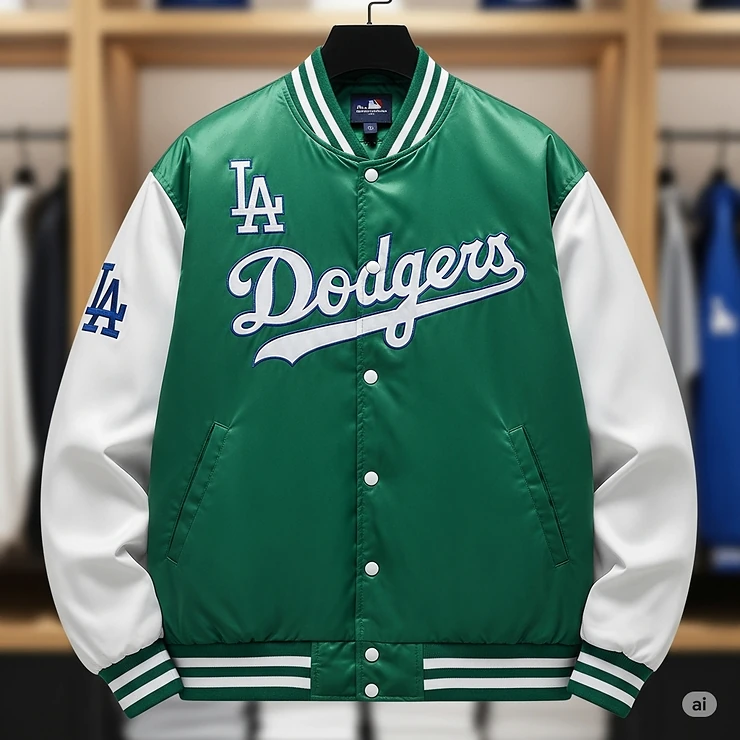A unique green Dodgers satin jacket with contrasting white sleeves and snap buttons.