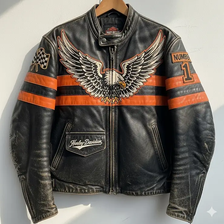 A Harley-Davidson vintage racing jacket, showcasing the brand's signature orange and black color scheme and eagle logo.