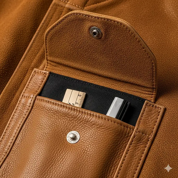 The secure internal pocket of a leather welding jacket, perfect for storing tools or personal items.