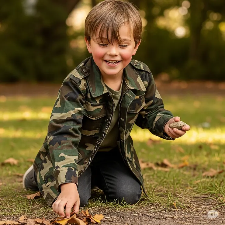 A happy child playing outdoors in a durable and comfortable camouflage jacket, perfect for adventures and everyday wear.