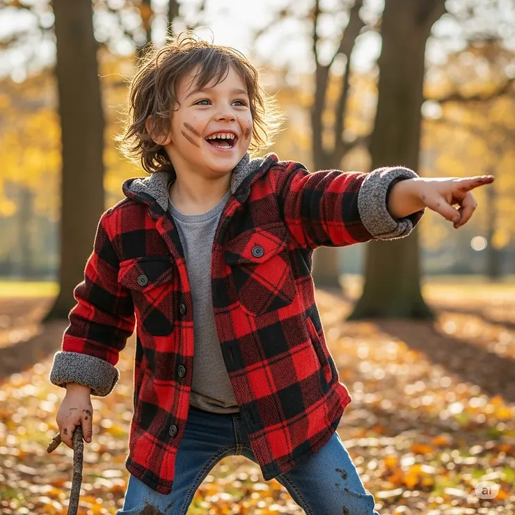 A child happily playing outdoors in a durable flannel jacket, ideal for active kids.