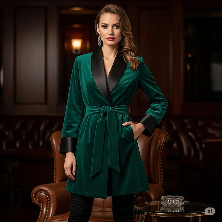A beautiful belted ladies smoking jacket, emphasizing the flattering silhouette created by cinching the waist.