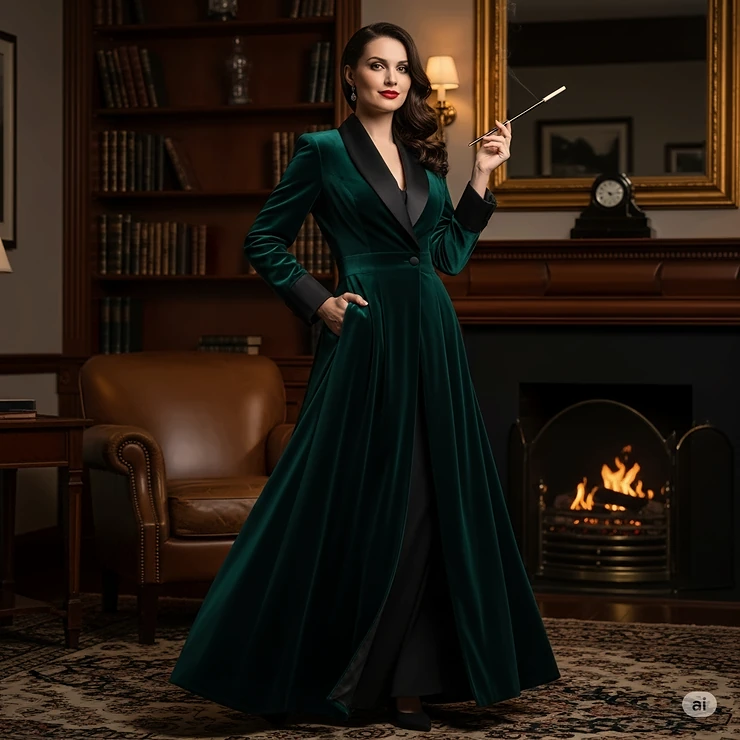 A full-length view of a sophisticated woman wearing a long, flowing ladies smoking jacket, showcasing its elegant drape and silhouette.