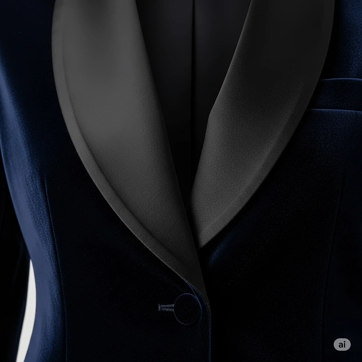Detail shot of the shawl lapel on a well-tailored ladies smoking jacket, a key feature of its timeless design.