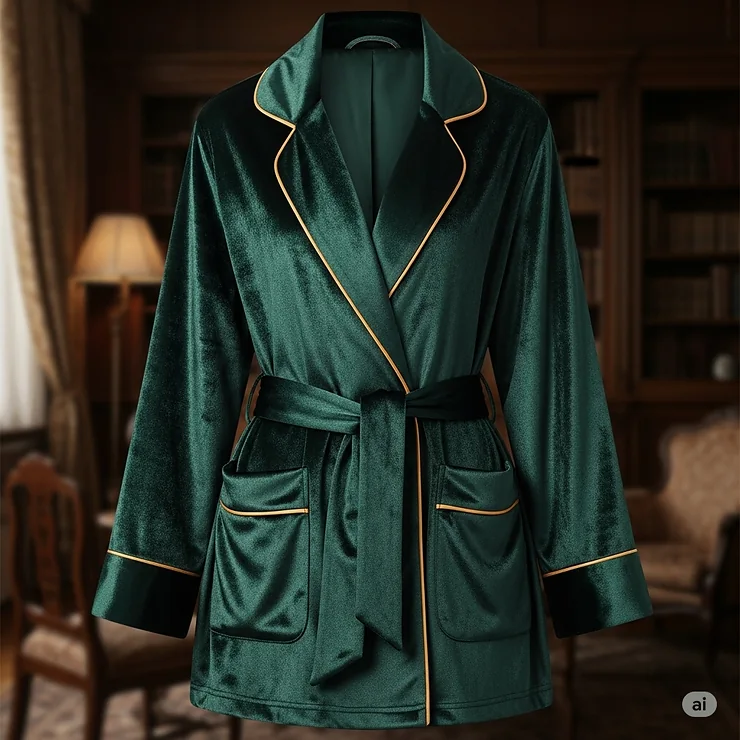A vintage-inspired ladies smoking jacket featuring contrasting satin piping, which adds a refined and classic touch to the garment.