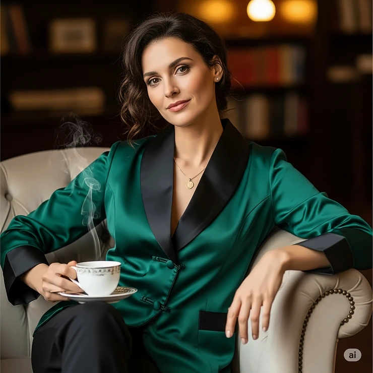 A stylish woman relaxing in a luxurious silk ladies smoking jacket, showcasing the garment's elegant fit and classic design.