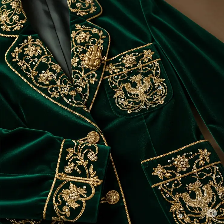 Close-up of an intricately embroidered velvet ladies smoking jacket, highlighting the detailed craftsmanship and plush texture of the fabric.