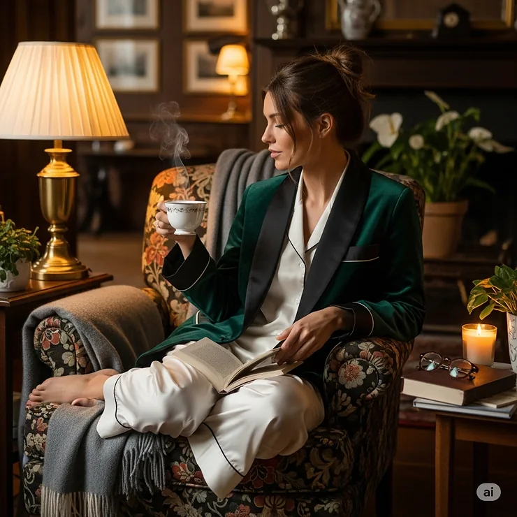 A cozy scene of a woman wearing a ladies smoking jacket over silk pajamas, perfect for a luxurious evening at home.