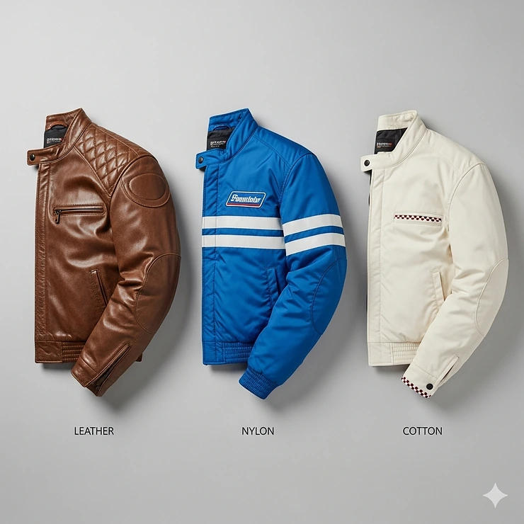 A visual representation of different materials like leather, nylon, and cotton used to create men's racing jackets.