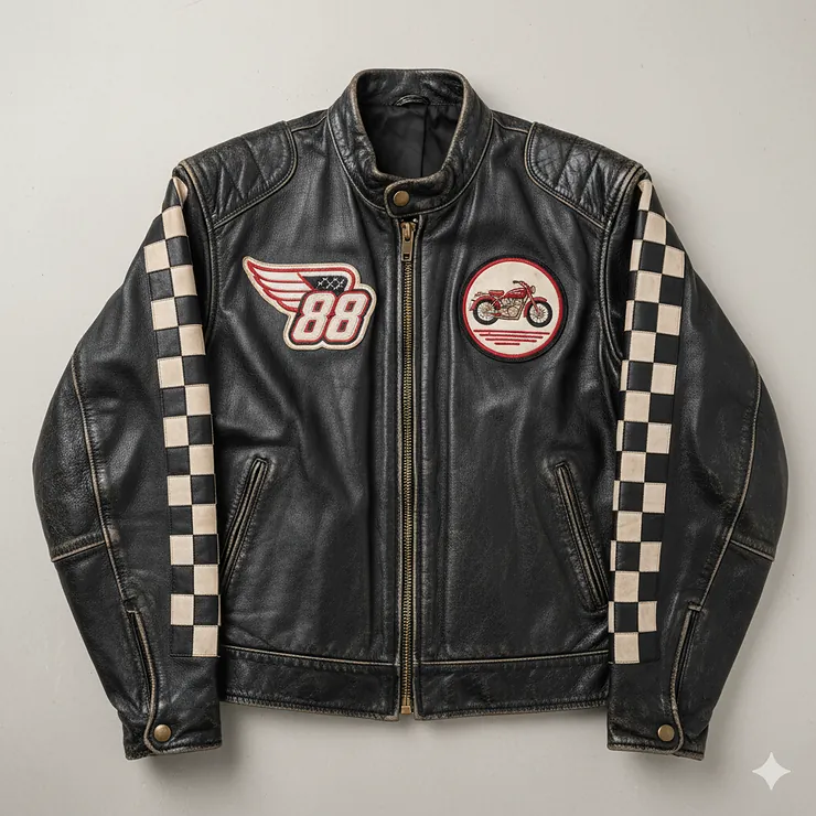 A stylish leather vintage racing jacket with a checkered flag design on the sleeves.