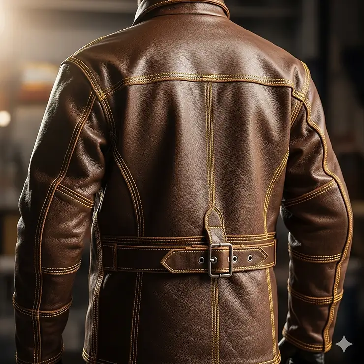 Back view of a heavy-duty leather welding jacket, showing the full coverage and reinforced stitching.
