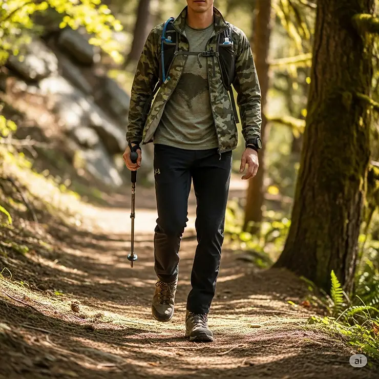 A person hiking on a trail wearing a lightweight camouflage jacket, ideal for outdoor activities and layering.