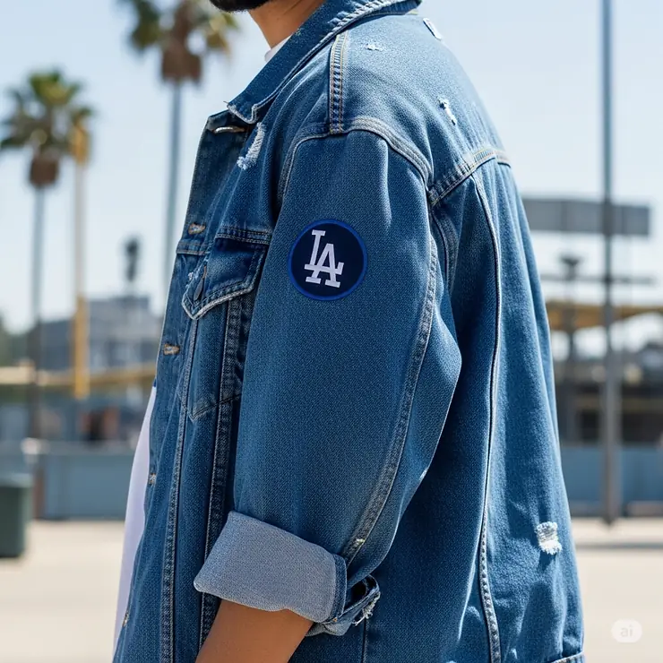 A casual Los Angeles Dodgers denim jacket with a subtle team patch on the sleeve, perfect for a relaxed game day look.