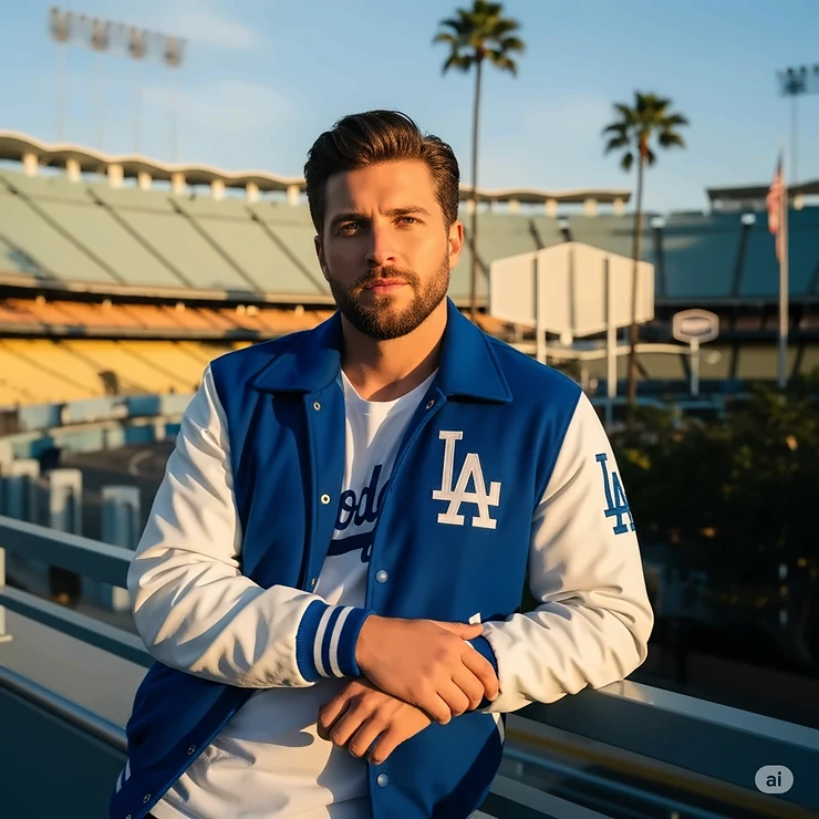 A stylish man in a vintage Los Angeles Dodgers jacket poses in front of Dodger Stadium, highlighting the iconic team colors and embroidered logo.