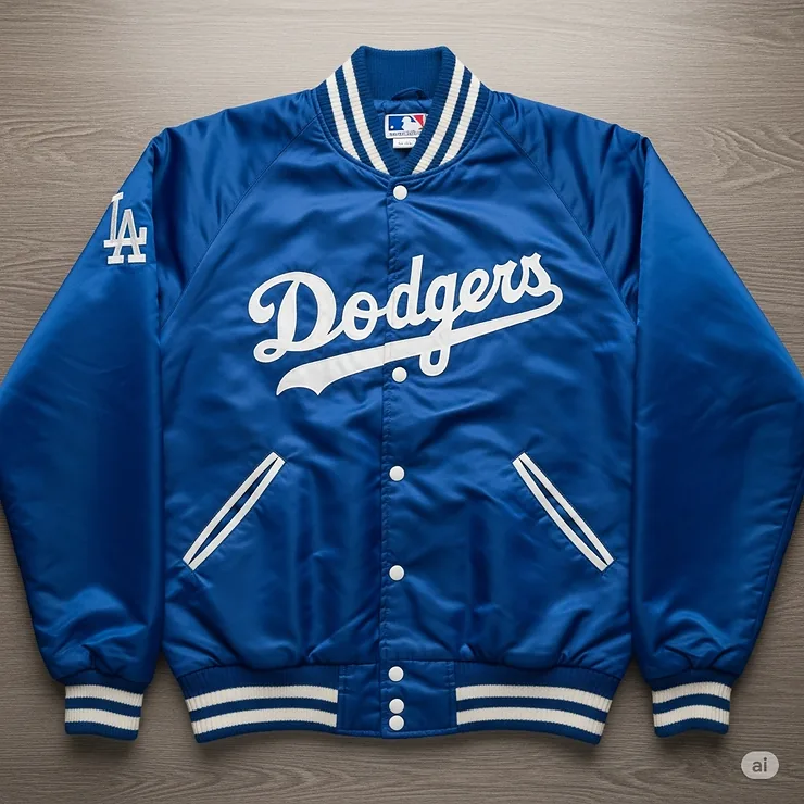 A photograph of a rare, vintage Los Angeles Dodgers jacket from the 1980s, highlighting its retro style and historical appeal.