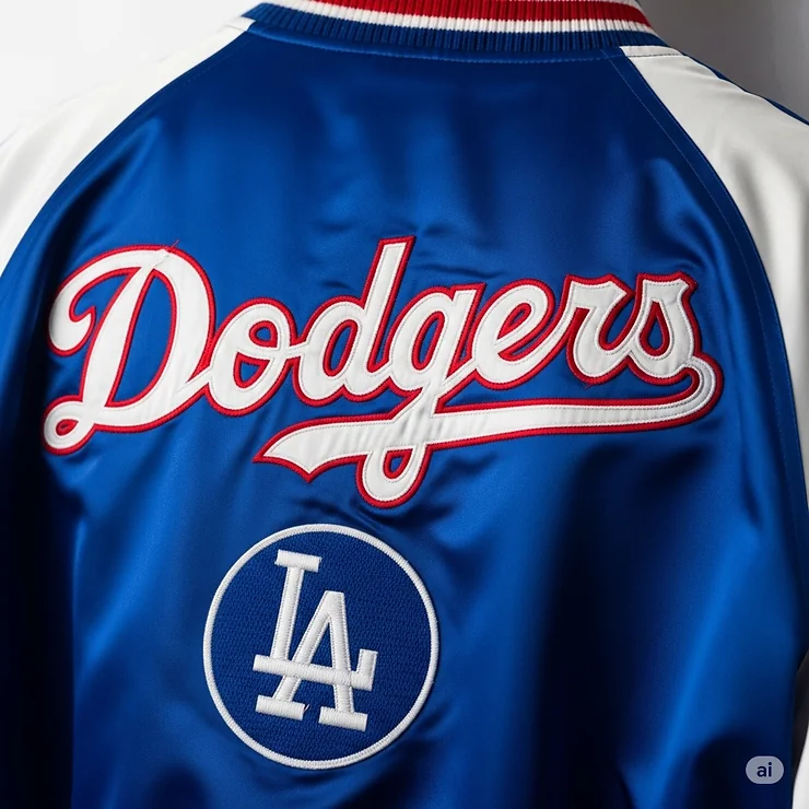 Close-up of the back of a Los Angeles Dodgers satin jacket featuring the team name embroidered across the shoulders.