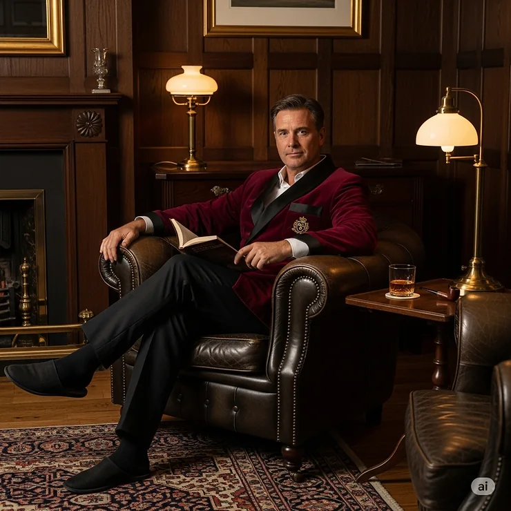 A man relaxing in a comfortable armchair, wearing a men's smoking jacket in a cozy lounge, emphasizing its original purpose as sophisticated loungewear.