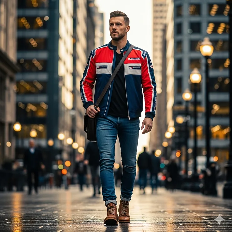 A stylish man wearing a modern racing jacket paired with jeans and boots, walking in a city.