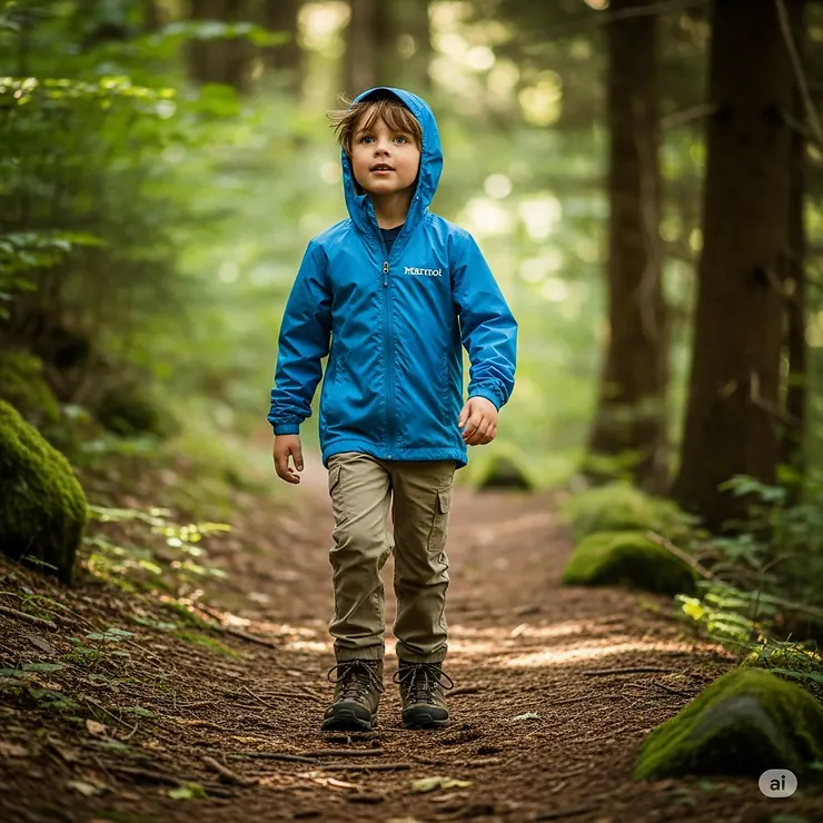 A young boy hiking on a trail, wearing a lightweight Marmot youth jacket that provides protection from wind and light rain.
