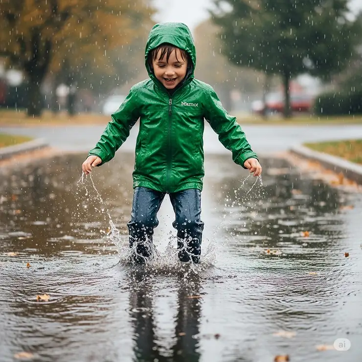 A boy in a green Marmot youth rain jacket jumping in a puddle, highlighting the jacket's waterproof features.