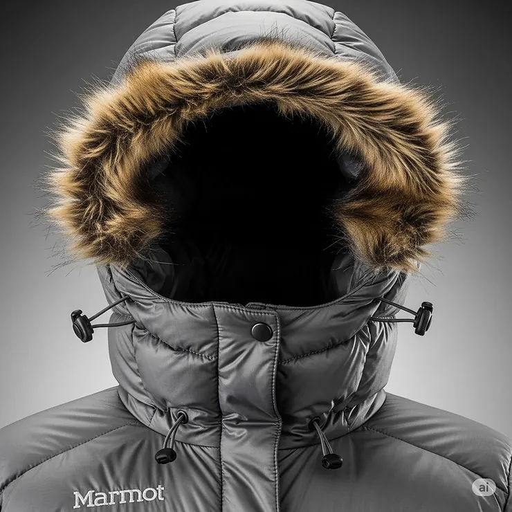The adjustable, insulated hood of a Marmot ladies' down jacket, designed for maximum warmth and protection from wind.