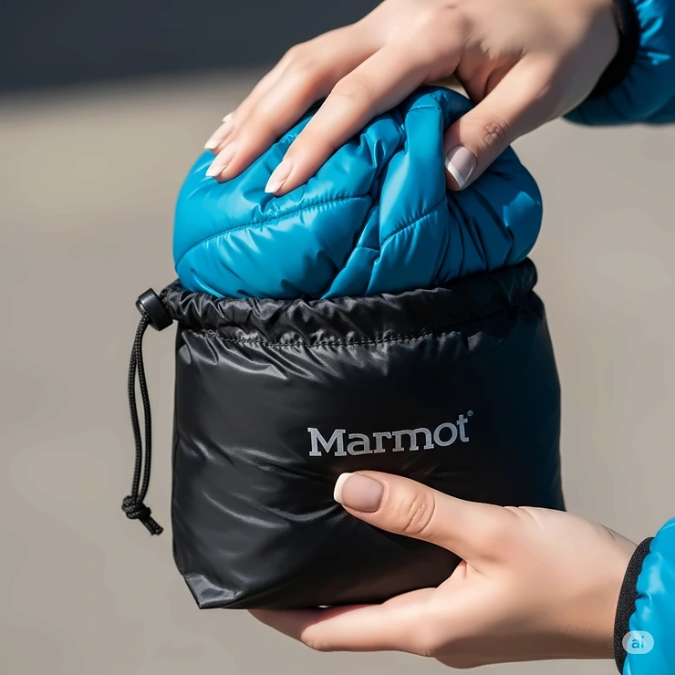 A Marmot women's down jacket being compressed into a small pouch, highlighting its packable and lightweight design for travel.
