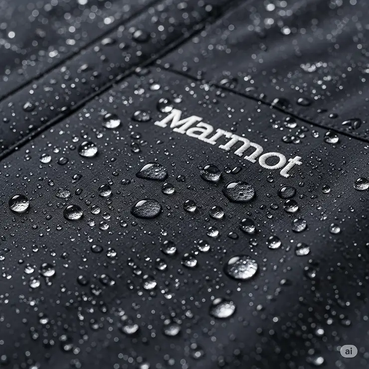 A close-up shot of water beading up on a Marmot jacket, illustrating the effective EvoDry waterproof technology.