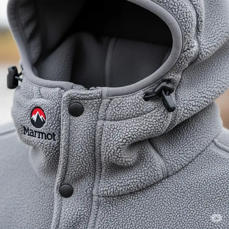 A detailed view of the adjustable hood on a Marmot fleece jacket, providing extra warmth and protection.