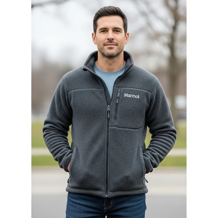 A man wearing a comfortable Marmot fleece jacket for men, suitable for casual everyday wear or as a warm mid-layer.