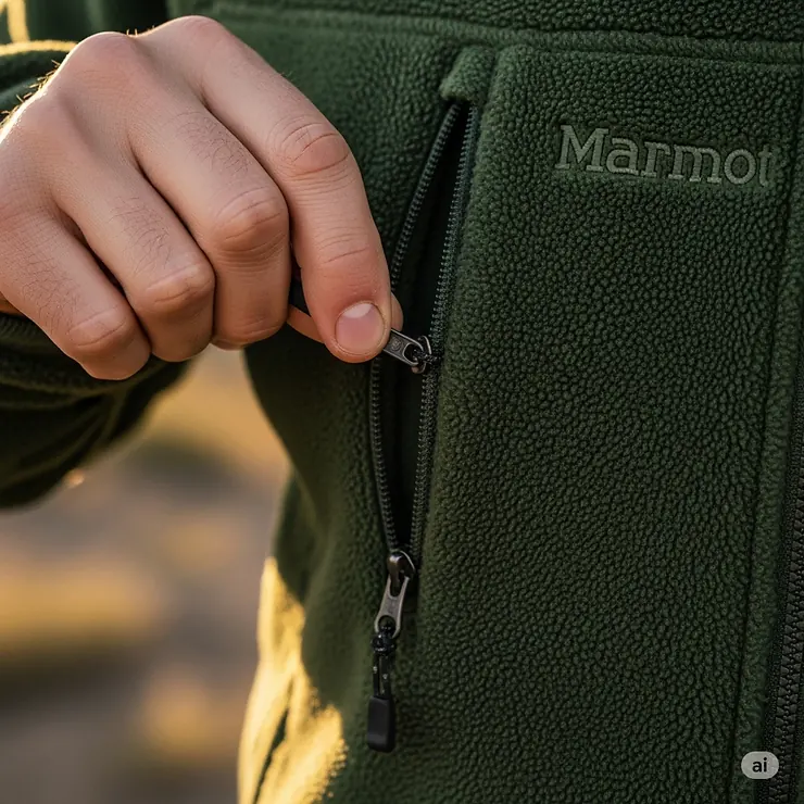 A person's hand zipping up the warm pocket of a Marmot fleece jacket, highlighting its convenience.