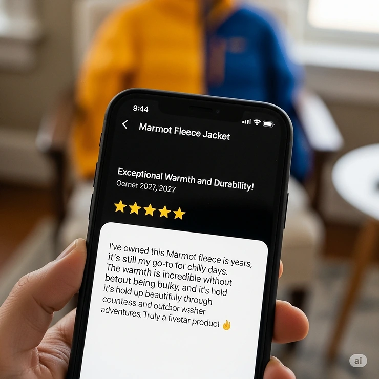 A customer's five-star review of the Marmot fleece jacket, praising its warmth and durability.