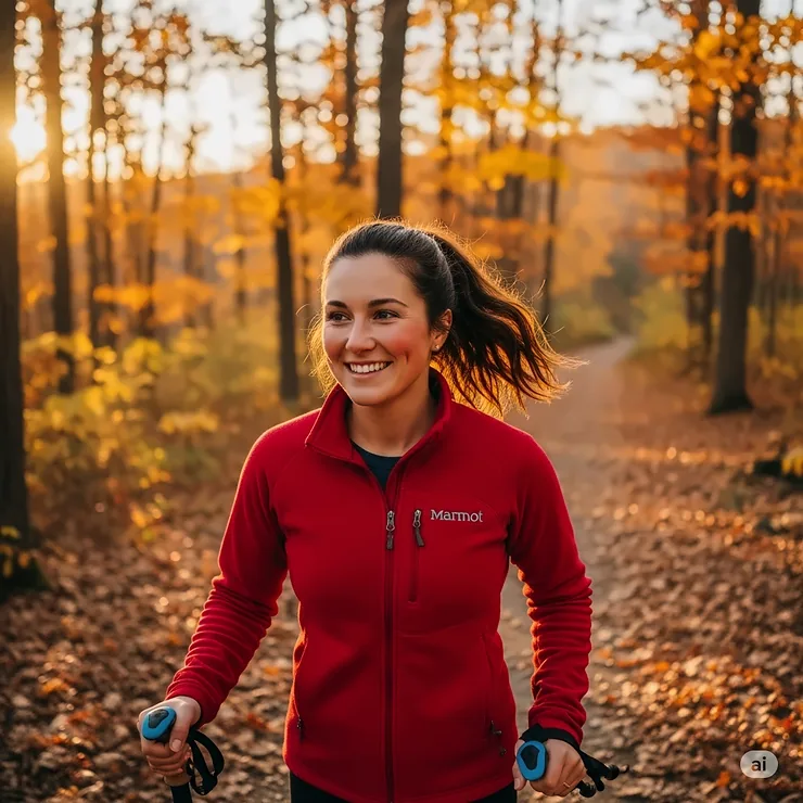A woman smiling and wearing a red Marmot fleece jacket while enjoying a fall hike.