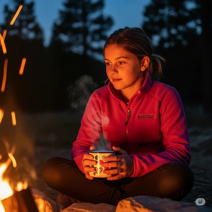 A girl sitting by a campfire in a cozy pink Marmot youth fleece jacket, perfect for layering.