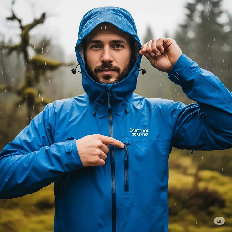 A male model demonstrating the adjustable hood and waterproof zippers on a Marmot GORE-TEX jacket for men in a rainy environment.