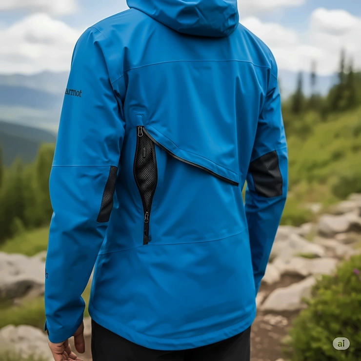 Back view of a person wearing a Marmot waterproof hiking jacket, showing the ventilation and fit.