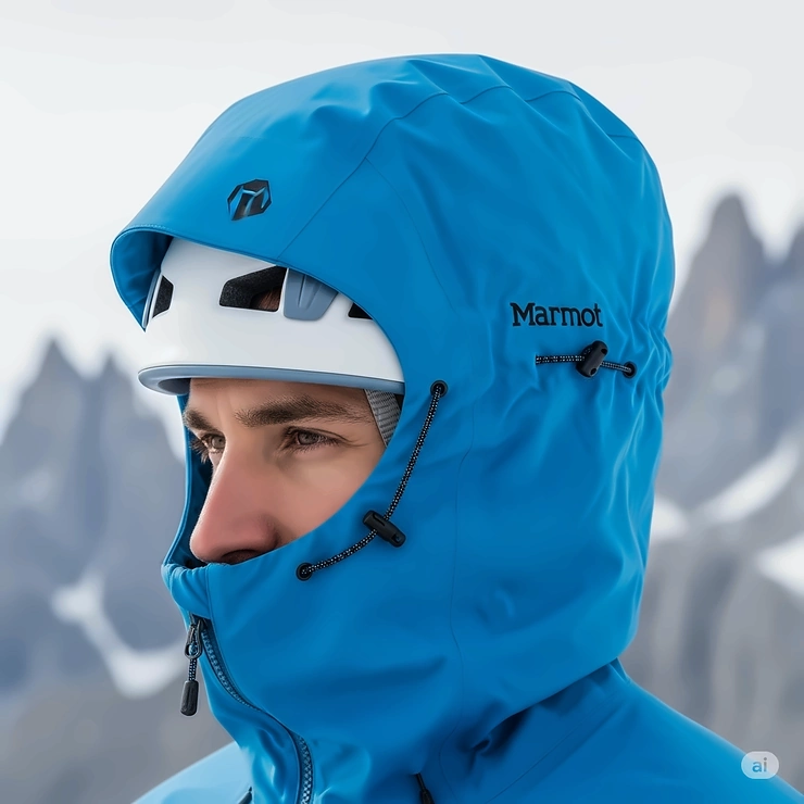 A shot focusing on the fully adjustable and helmet-compatible hood of a Marmot men's jacket, a key feature for alpine sports.