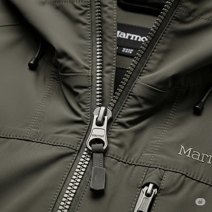 A close-up view of the sturdy, smooth-gliding zipper and reinforced stitching on a men's Marmot jacket, illustrating quality construction.