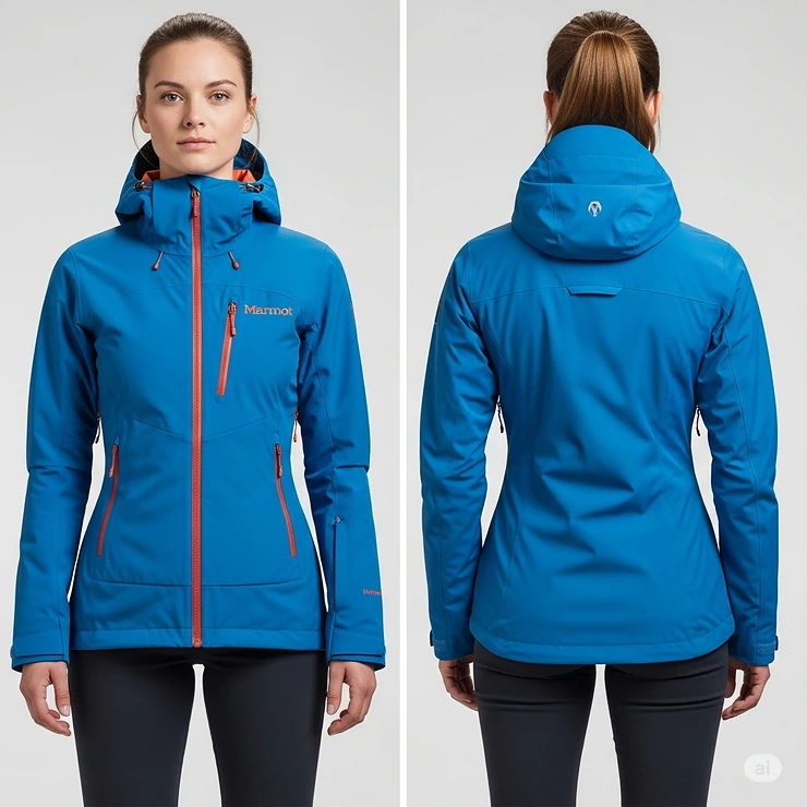 Full-length front and back view of a woman's Marmot jacket, illustrating its stylish, ergonomic fit.
