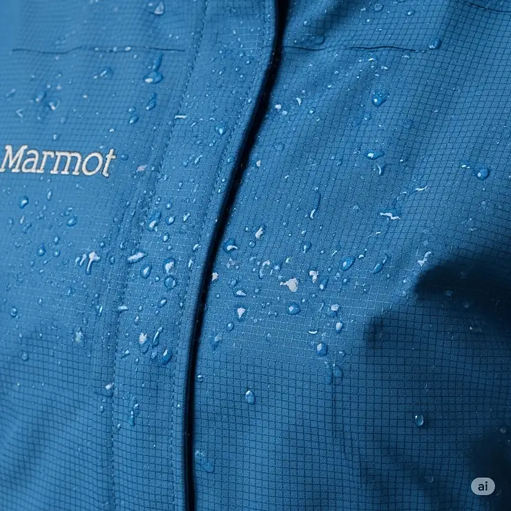 Close-up of the waterproof fabric on a Marmot jacket for women, highlighting its durable texture.