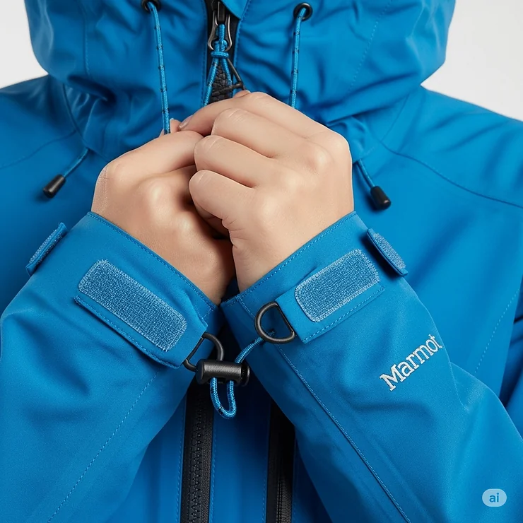 Detail shot of the adjustable hood and Velcro cuffs on a women's Marmot jacket, ideal for cold weather.