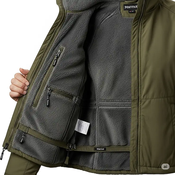 Interior view of a women's Marmot jacket, showing the fleece lining and secure zipper pockets.