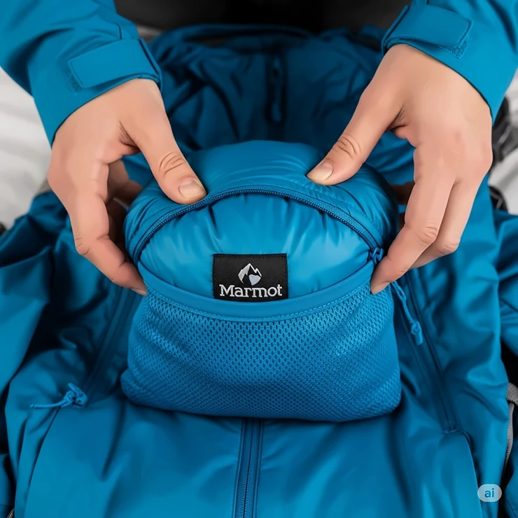 A Marmot down jacket for women being packed into its own pocket, showing its compact and travel-friendly design.