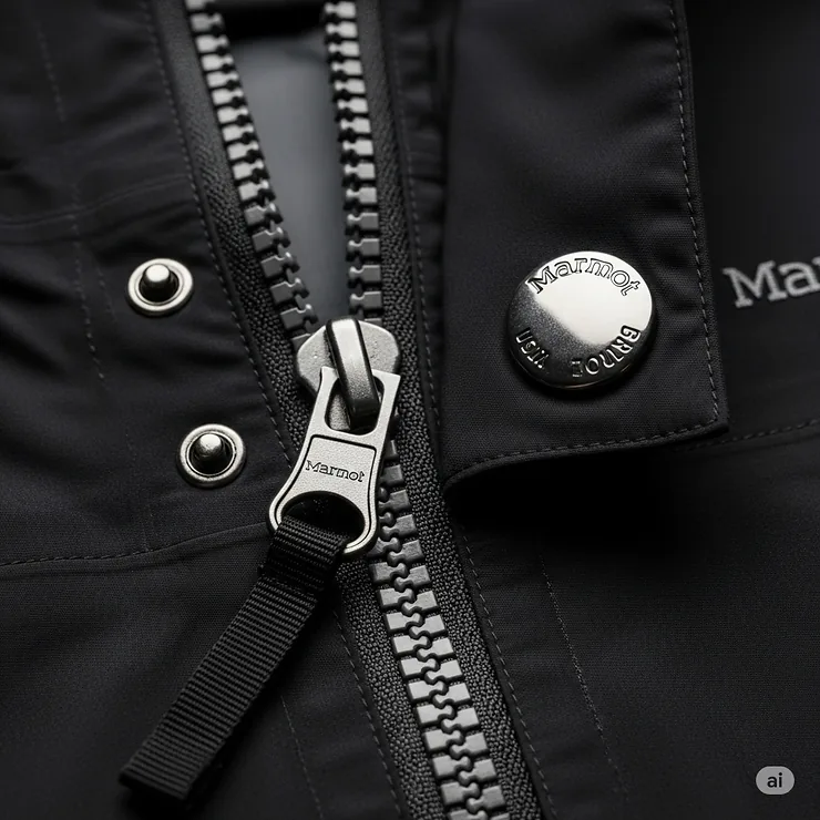 Close-up of the smooth-gliding zipper and durable hardware on a Marmot jacket.