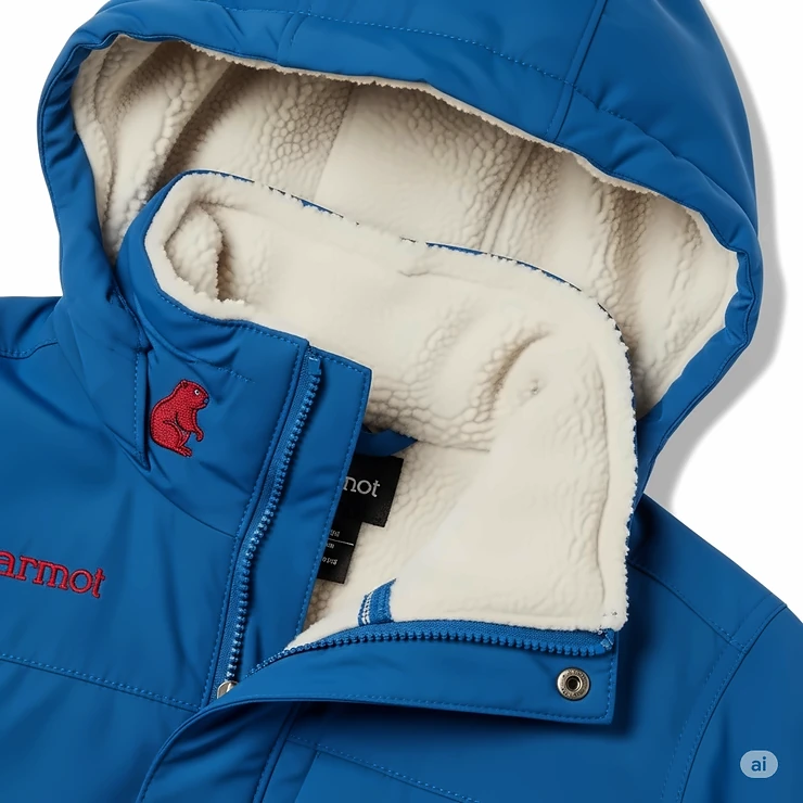 Detailed view of the hood and collar of a Marmot youth jacket, showcasing the warm, fleece lining.
